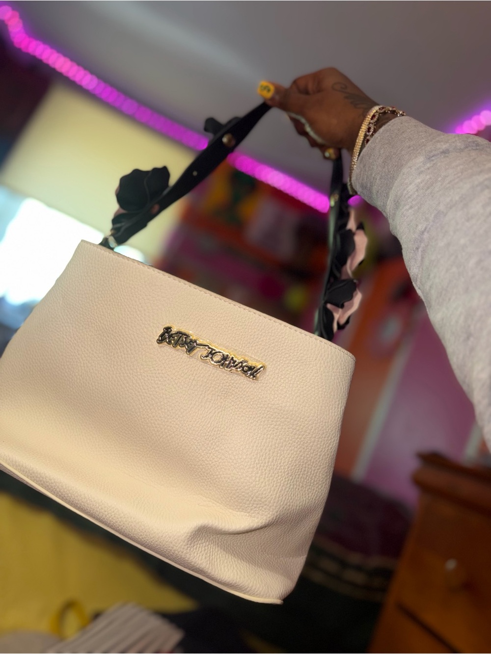 Betsey Johnson Cream Shoulder Bag with Floral-Accent Black Strap